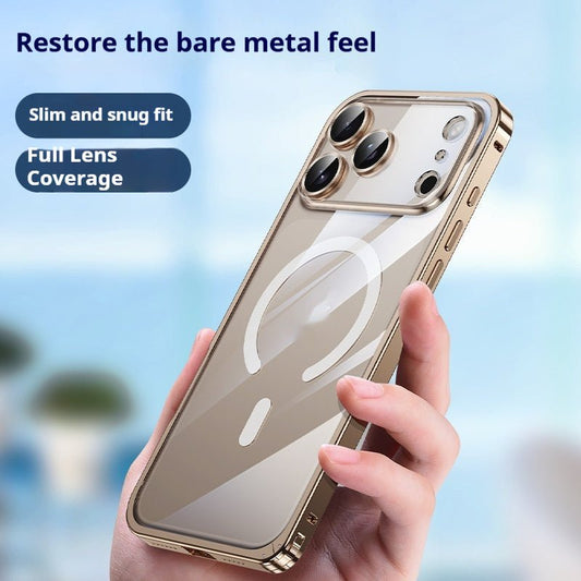Applicable 17 Metal Frame Phone Case Magnetic Suction Spring Fastener Transparent Eagle Eye Lens Protective Cover - Hifi Wireless