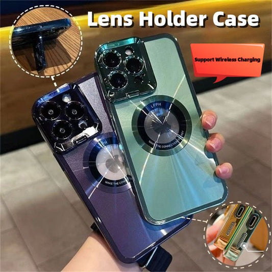 Electroplated Phone Case Luxury Plating CD Pattern Magsafe Bracket Case For 12 13 14 Pro Max Invisible Camera Stand Holder Lens Holder Magnetic Suction - Hifi Wireless